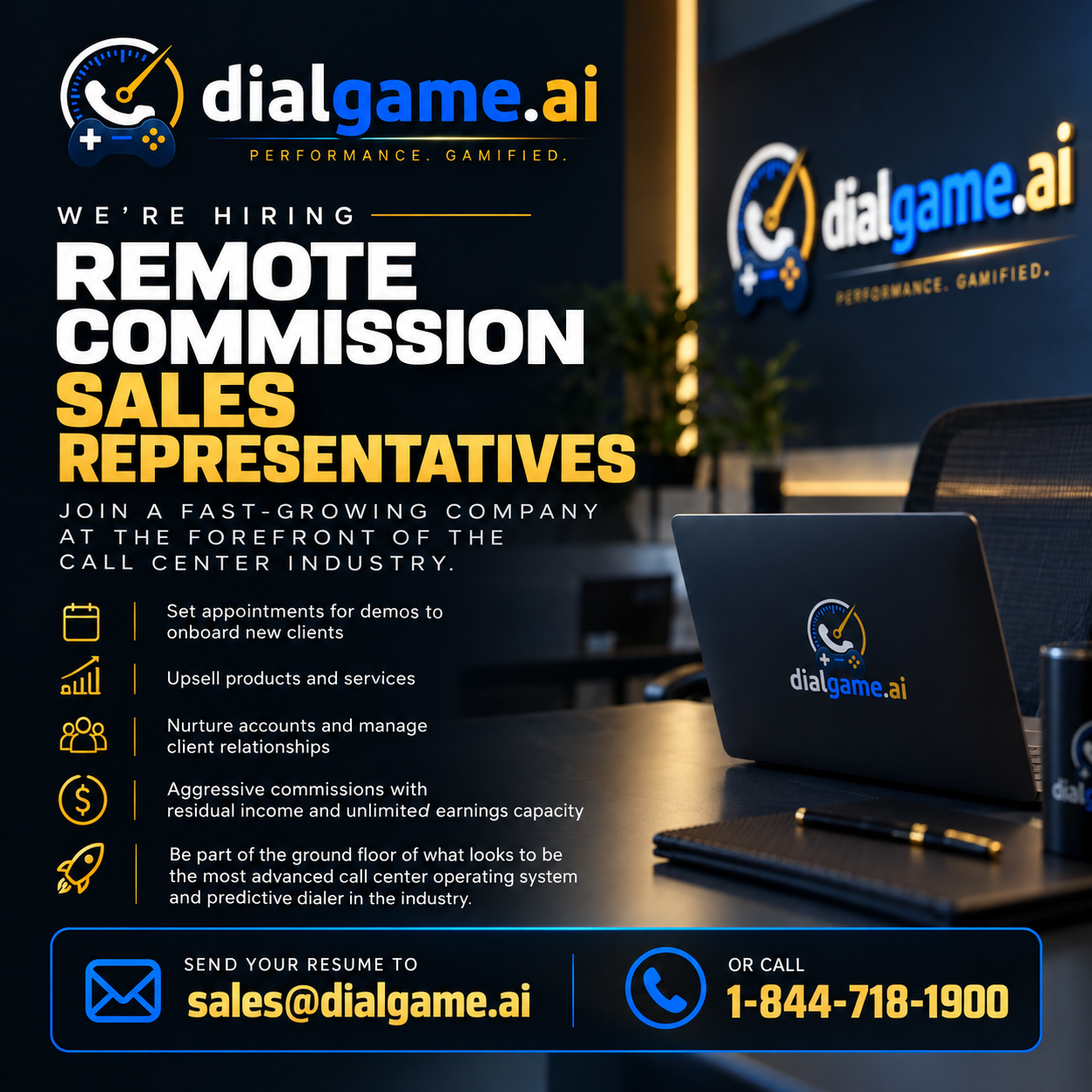 DialGame.AI is hiring for the Remote Commission Sales Representative position.