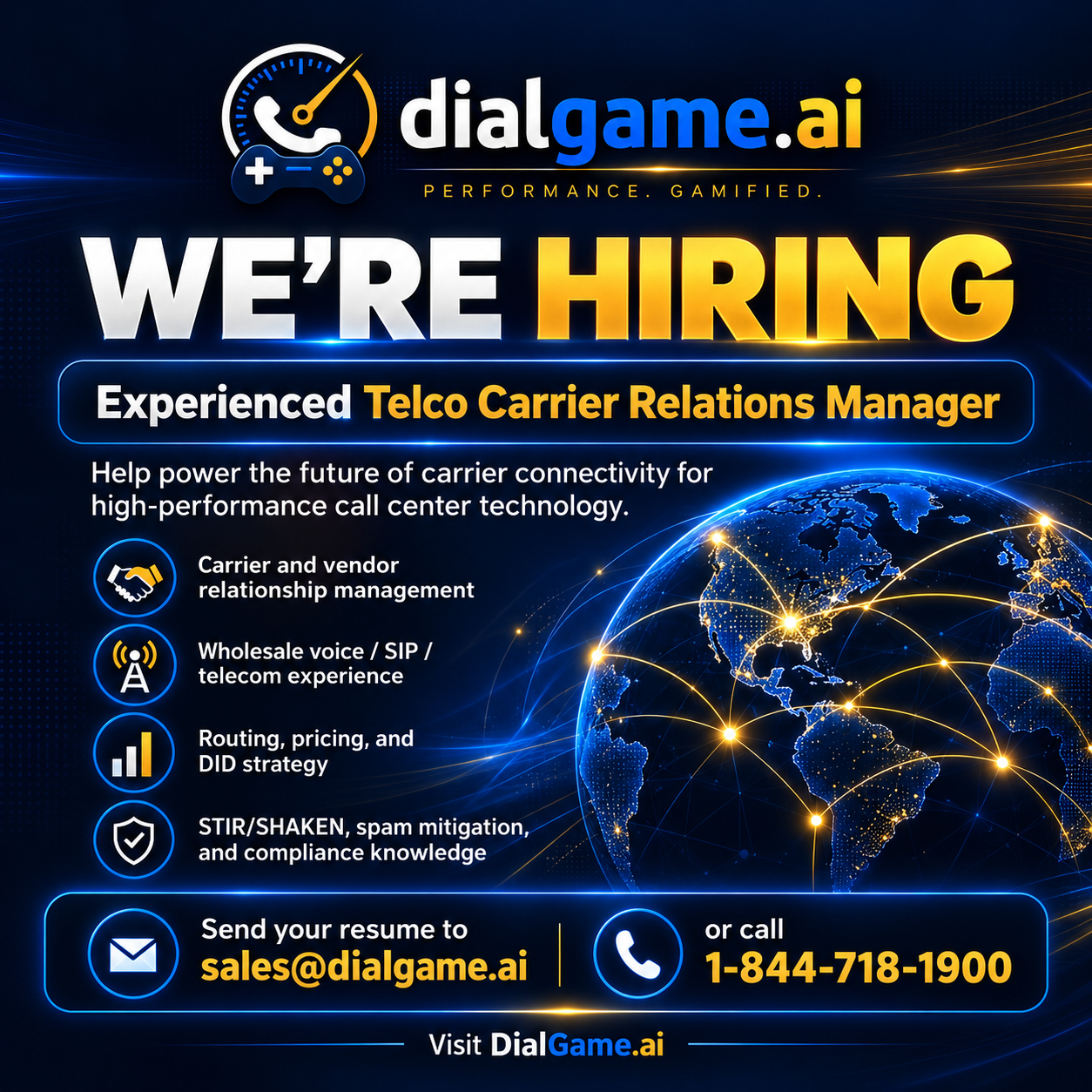 DialGame.AI is hiring for the Experienced Telco Carrier Relations Manager position.